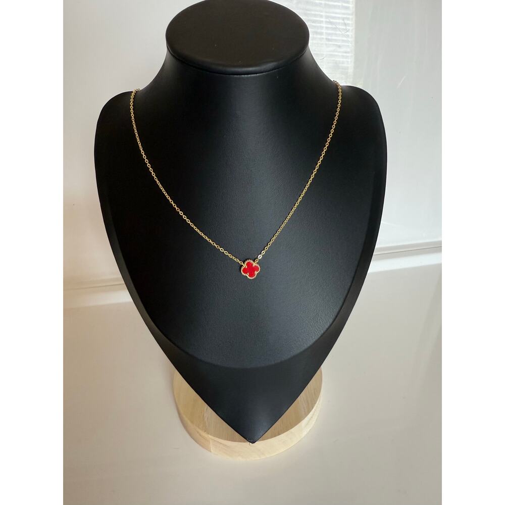 Genuine Red Carnelian Clover Necklace – New – 14K Gold-Plated over 925 – 16–18″